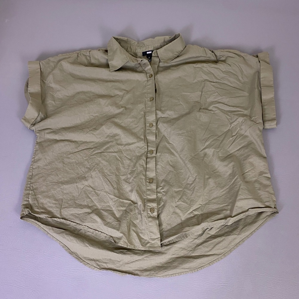 DKNY Button‎ Down Shirt Women's Plus Size 1X Olive Green Cotton Short Sleeve